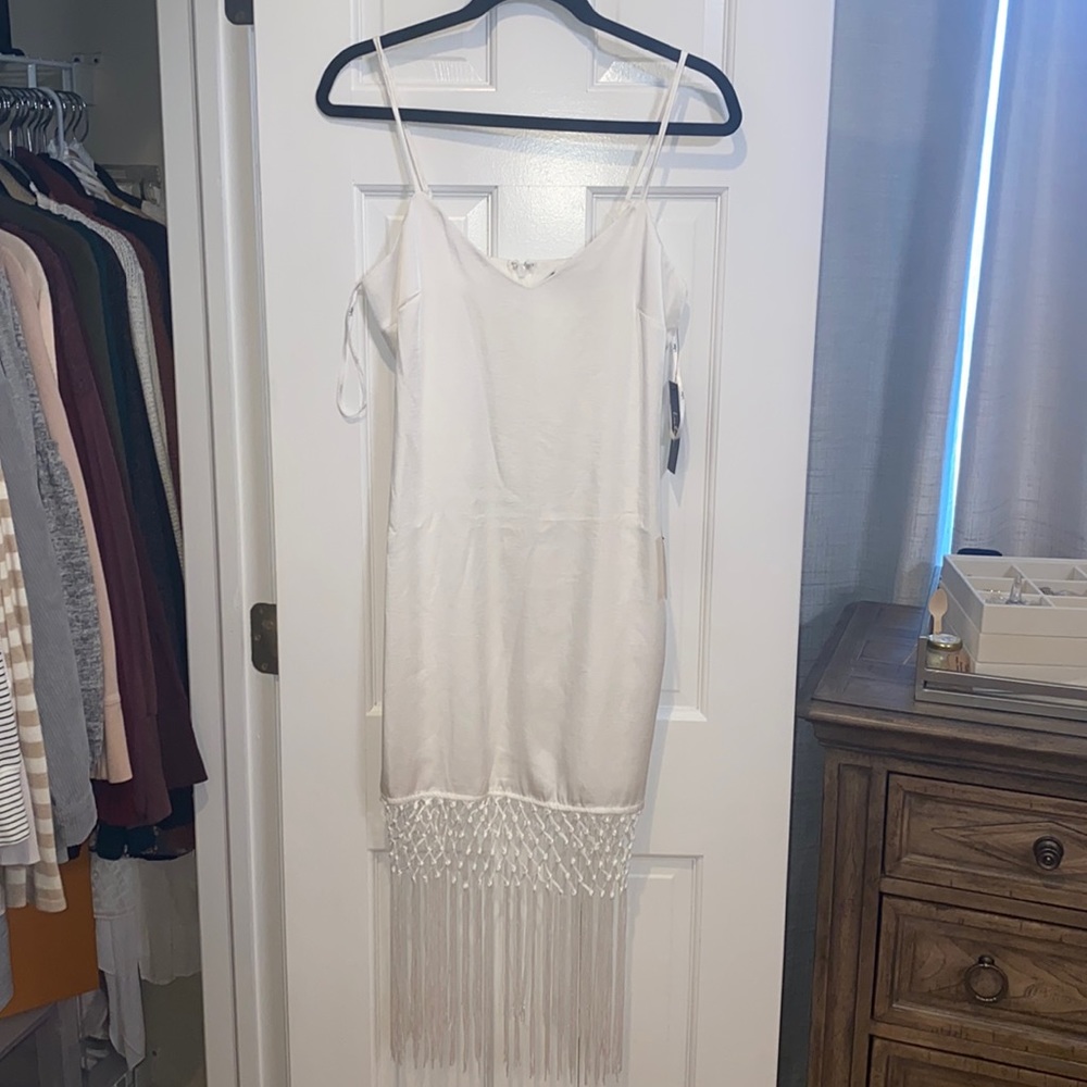 NWT Lulus Dreaming About Love White Satin Sleeveless Fringe Midi Dress
